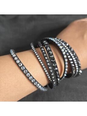 Swarovski Slake Bracelet Black Suede Clear Crystals Double Wrap Snap Signed Stud